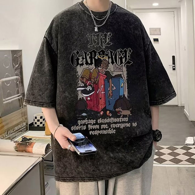 With U ゴスロリ系 ファッション 半袖Tシャツ ウォッシュド アメコミ風プリント オーバーサイズ ストリート系 原宿ファッション 病み可愛い 地雷系 量産型 インディーズファッション Y2K