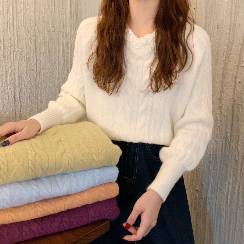 ホワイトプルオーバー オータムウィンタースタイルスタンダードルーズVネックセーター レトロ 秋物 冬物 萌量不足5267406009