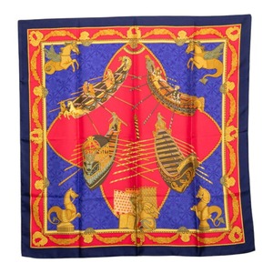 エルメス カレ90 LES BISSONE DE VENISE ヴェニスの船祭り スカーフ レッド ブルー シルク レディース HERMES 【中古】
