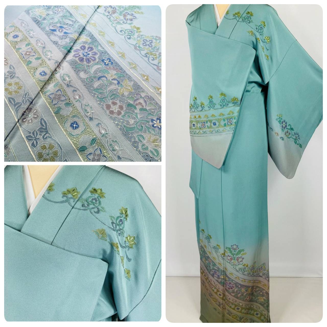 汕頭刺繍 本金箔 美品 総刺繍 訪問着 唐花 山藍摺 青緑 757 | kimono