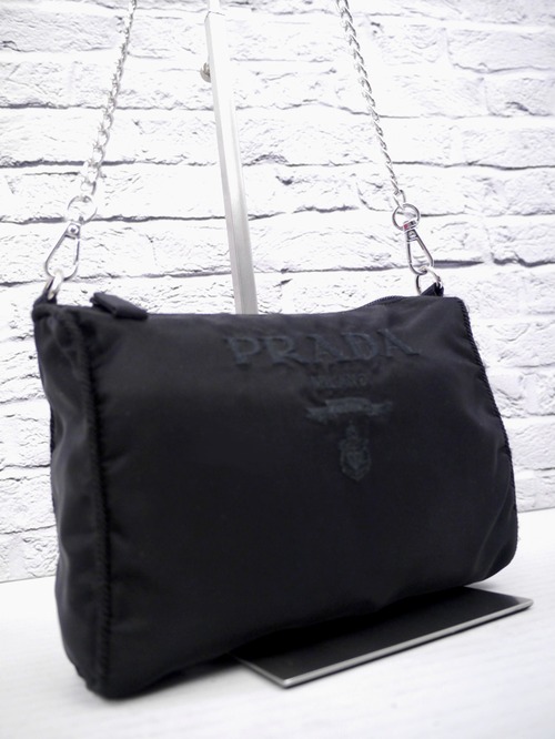 ◆PRADA プラダ ロゴ刺繍デザイン テスート ナイロン クロスボディ チェーンショルダー カメラ バッグ ポーチ ポシェット 黒◆ レアモデル