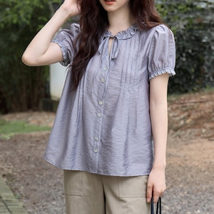 ruffled collar pintuck short sleeve blouse