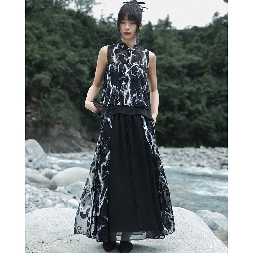 中華ゴシック  スカート ブラック 花柄 プリント柄 シフォン ウエストゴム 大青龍肆 夏服 20代 30代ファッション