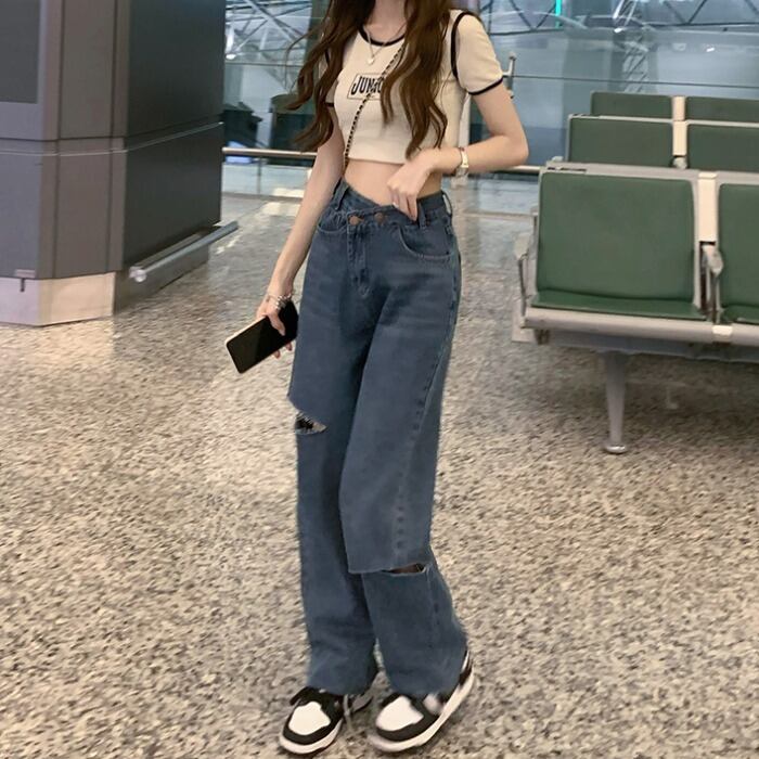 サマーハイウェストウェストバックルジーンズ ルーズ薄手パンツ 夏物 ドラファッションホール6786928082