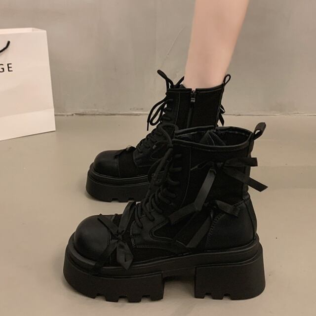 予約販売】ブーツ レディース リボン ブラック ブラウン 編み上げ