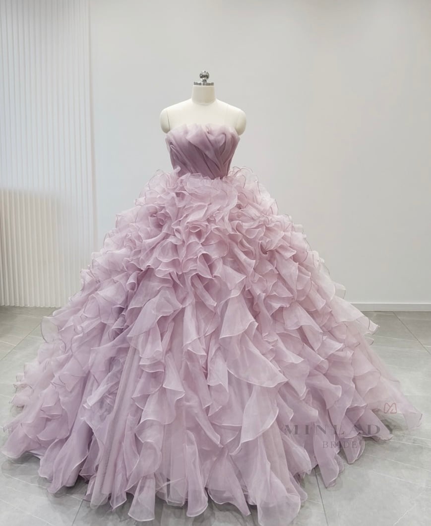 くすみピンク 花びら チュール ウェディングドレス | MINLADY BRIDE