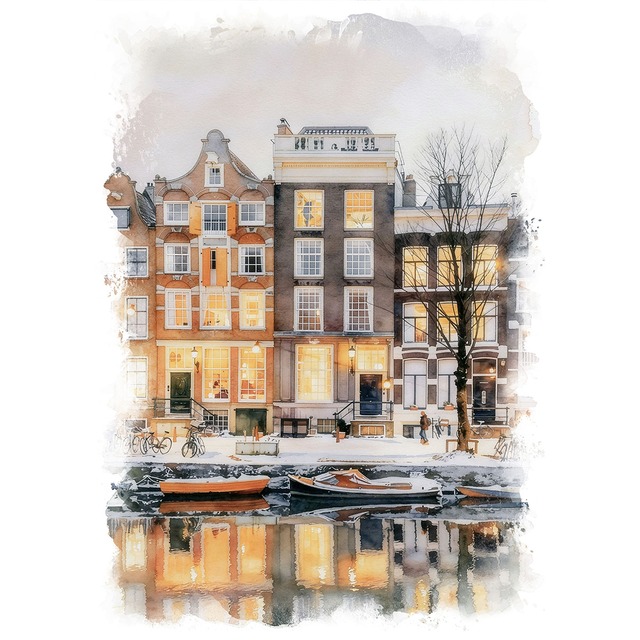 絵画 風景画(街並み) 冬のオランダ 雪のアムステルダム インテリアアート額付き 水彩画・油絵風 WAT0904