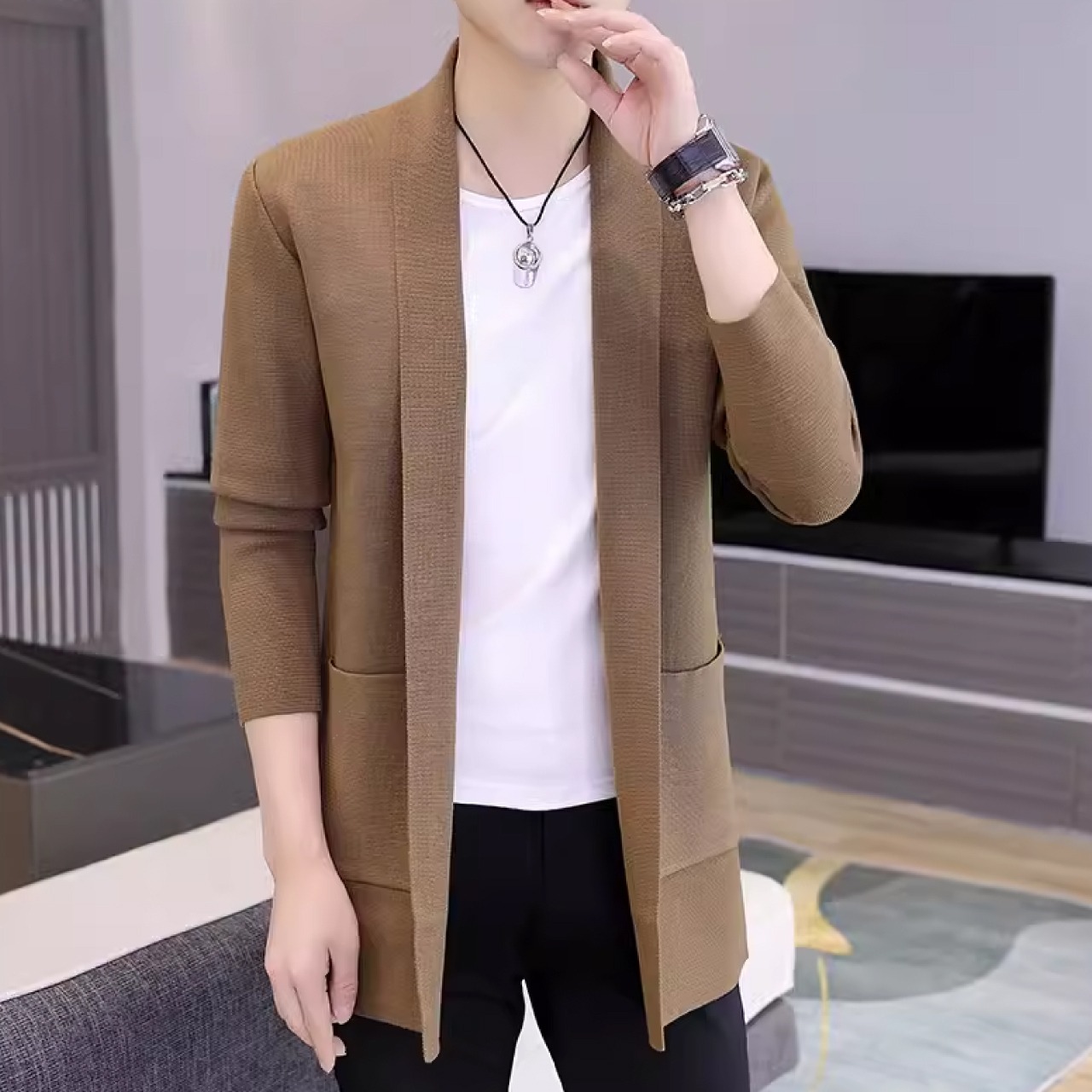 個性的なデザインミドル丈セータージャケット（無地）　SH02702