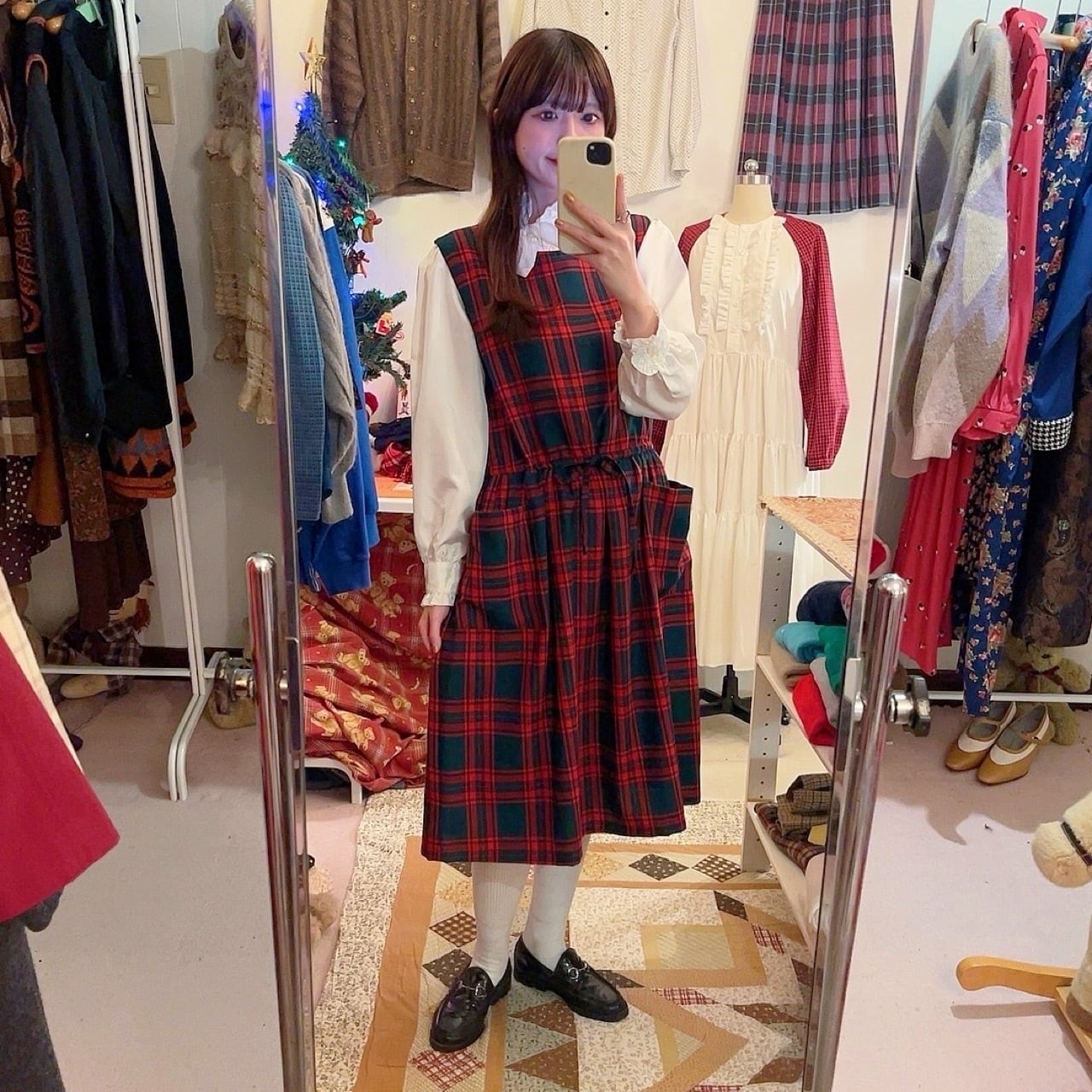 red check back button jumper skirt