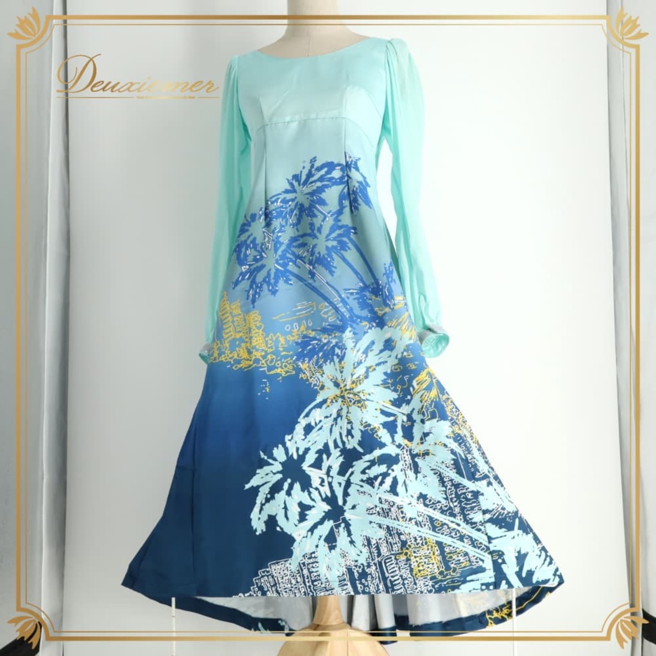 フラダンス 衣装 FANCY DRESS ファンシードレス ワンピース ドレス ブルー系 植物柄 ヤシの木 チュール袖 ハワイアンプリント ハワイアン アロハ フラ ダンス レッスン 練習 長袖 フレアスカート 水色 紺 白 黄 ネイビー系 ホワイト系 イエロー系 華やか さわやか かわいい おしゃれ 上品 大人っぽい