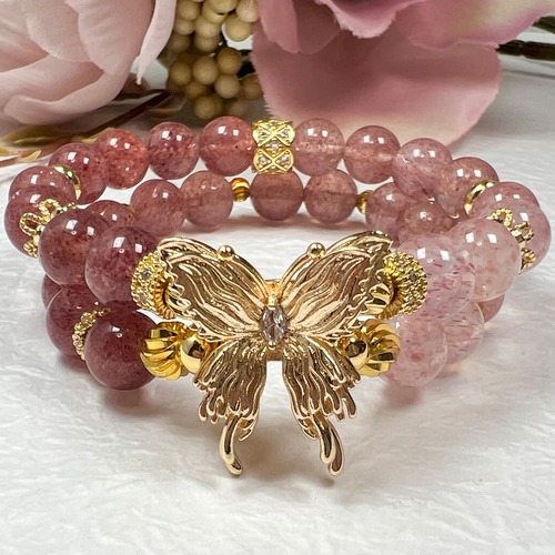【ストロベリークォーツ グラデーション 2連 蝶々 ブレスレット】‪‪❤︎‬送料無料❤︎天然石
