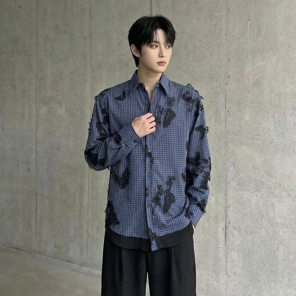 バタフライレース刺繍 チェック柄シャツ D11606