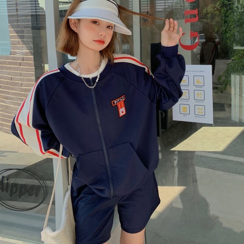カジュアルオータムルーズジッパーセーター ハイウェストウェストショーツ ストリート 秋物 ブルマー YY-ファッション96022214918