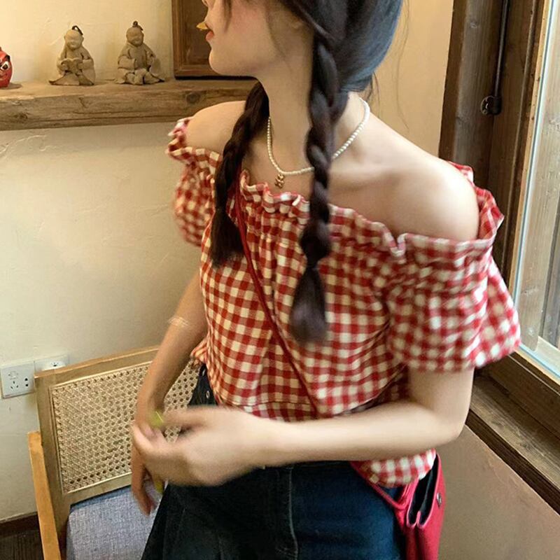 格子柄シャツ サマー薄手スリーブショートトップス 大人ガーリー スウィート キュート カジュアル 夏物 萌量不足19634506346