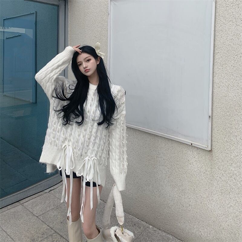 セーター ルーズニットコート オータムウィンターレッドトップス リボン 秋物 冬物 ブラックストロベリース37274065983