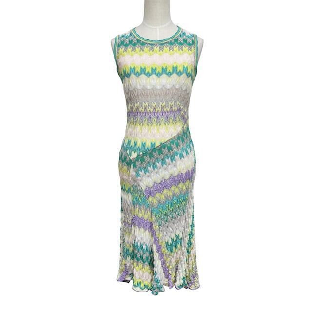 中古 ミッソーニ MISSONI ノースリーブ ニット ワンピース クリーニング済み ジグザグ カラフル イタリア製 レディース サイズ40