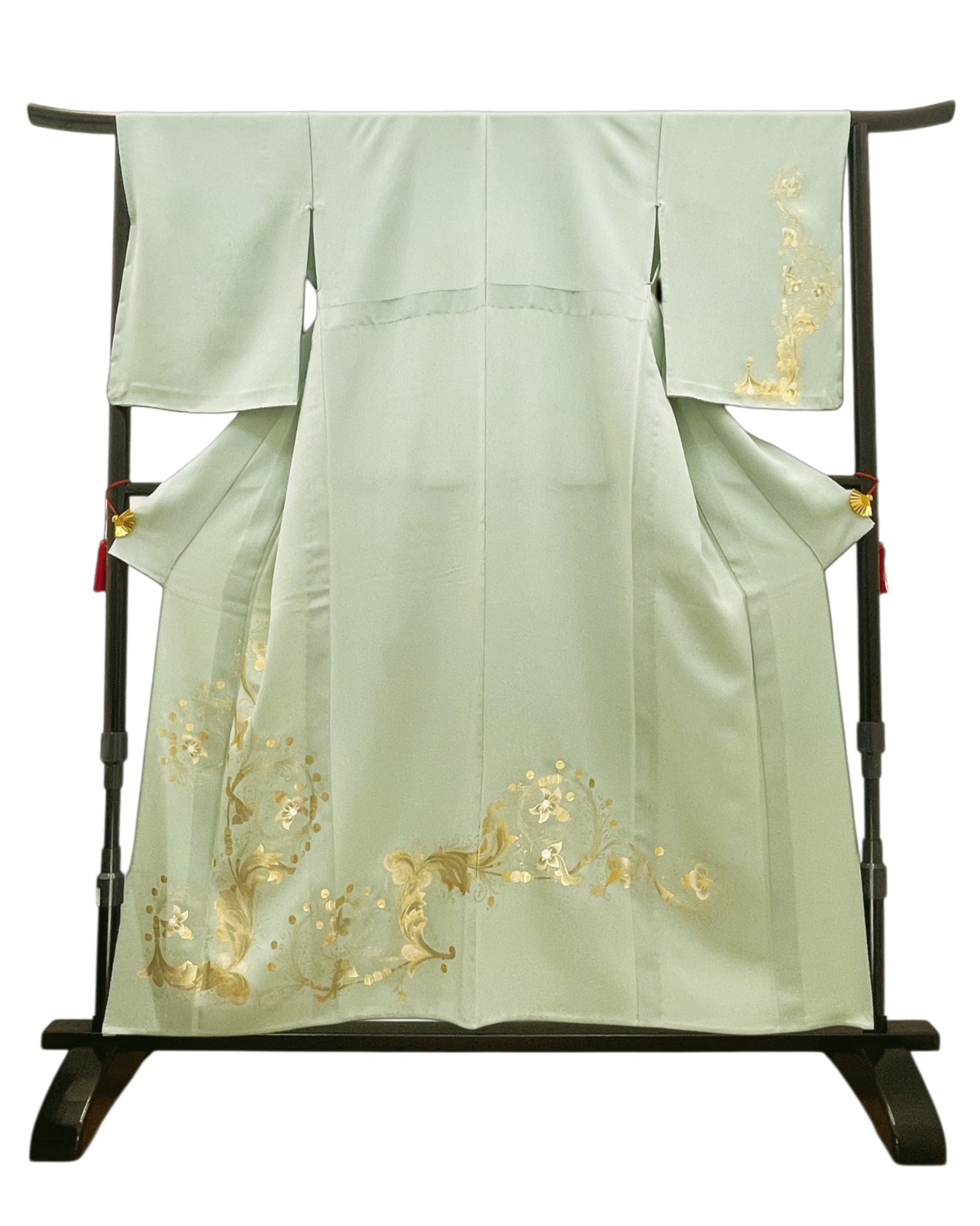 (単)錆青磁色 花唐草文 金彩 付け下げ (紋なし) LUKKR-065(リユース品)