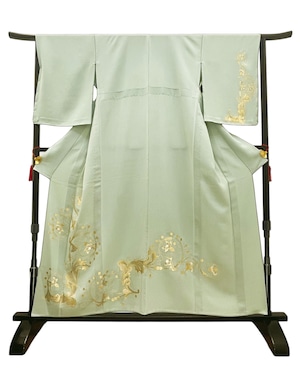 (単)錆青磁色 花唐草文 金彩 付け下げ (紋なし) LUKKR-065(リユース品)