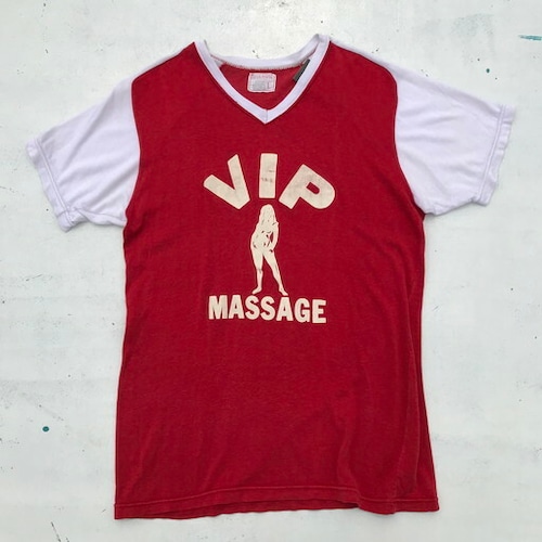 60's Wilson ウィルソン レーヨンゲームTシャツ VIP MASSAGE レッド ホワイト 赤白 エロ 珍デザイン L USA製 希少 ヴィンテージ