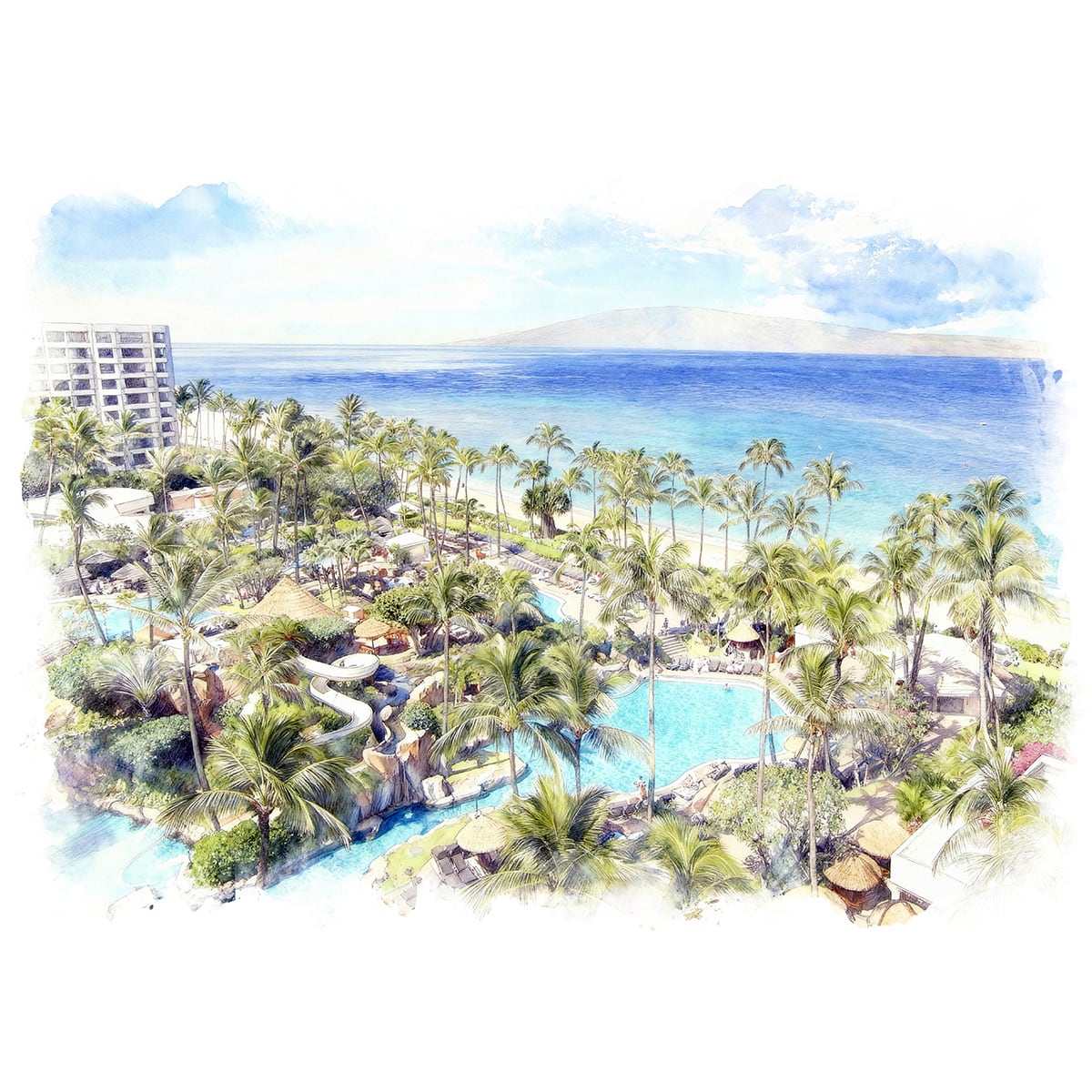 絵画 風景画(街並み) アメリカ ハワイ ワイキキビーチ インテリアアート額付き 水彩画・油絵風 WAT1606