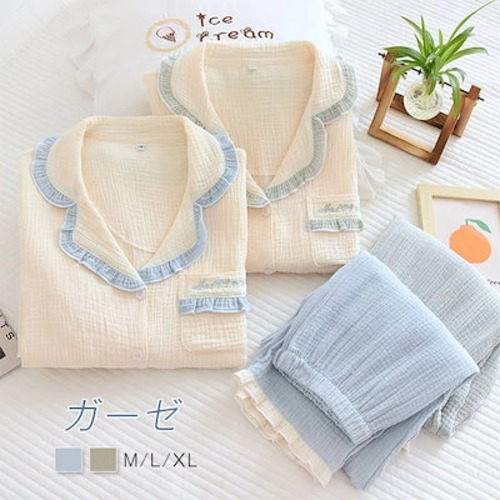 ガーゼ パジャマ レディース ルームウェア パンツ フリル 無地 配色 春 秋 ガーゼコットン キーネック 春秋 長袖 綿 部屋着 セットアップ 2点セット ナイト 寝間着 寝巻き 上下セット 前開