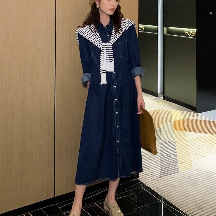 ワンピース レディース マタニティ デニムワンピース シャツワンピース 長袖 ミモレ丈 襟付き Aライン 切り替え ブルーデニム かわいい 大人可愛い シンプル カジュアル 上品 おしゃれ お洒落 こなれ感 ラフ レトロ 無地 デート お出かけ 女子会 休日 リゾート 送料無料 公園 M L XL 2XL ブルー 青 春 秋 冬 10代 20代 30代 40代 韓国 韓国系 普段使い 定番 トレンド 体形カバー ママ ファッション コーデ 授乳 妊婦