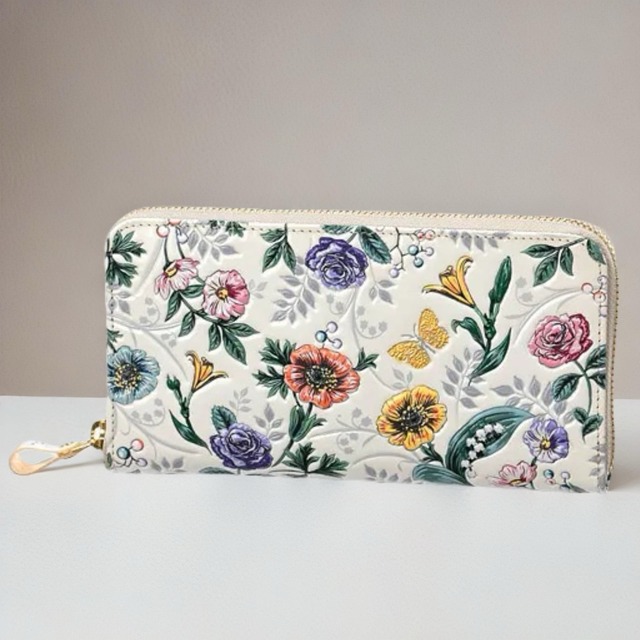 浅草文庫 ナチュラルガーデン ラウンド長財布 マルチカラー｜日本製・友禅染めレザー｜華やかで上品な文庫革ウォレット