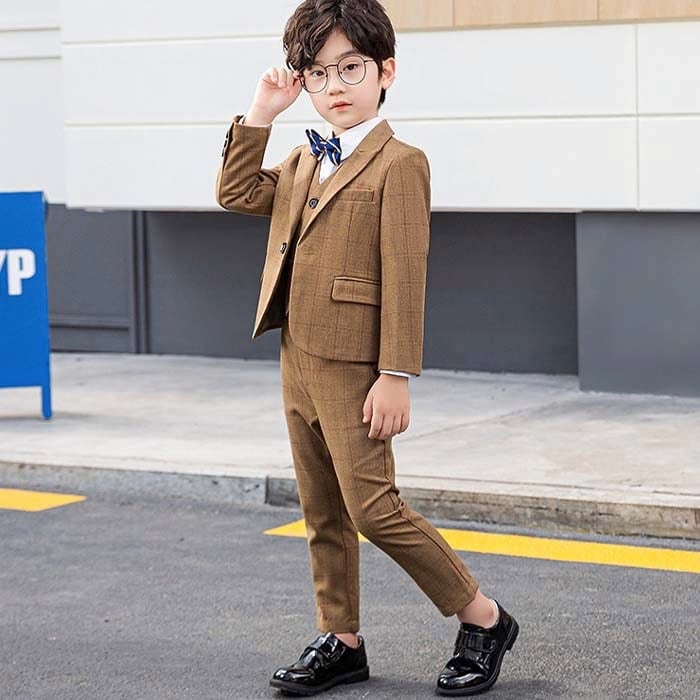 5点セット キッズ 男の子 フォーマルスーツ チェック柄 かっこいい お洒落 ジャケット パンツ ベスト シャツ 蝶ネクタイ ウエストゴム |  sno. powered by BASE