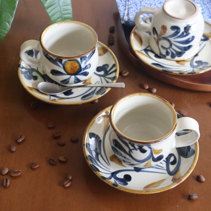 やちむん 陶眞窯 カップ＆ソーサー ゴスアメ唐草 Yachimun Cup and