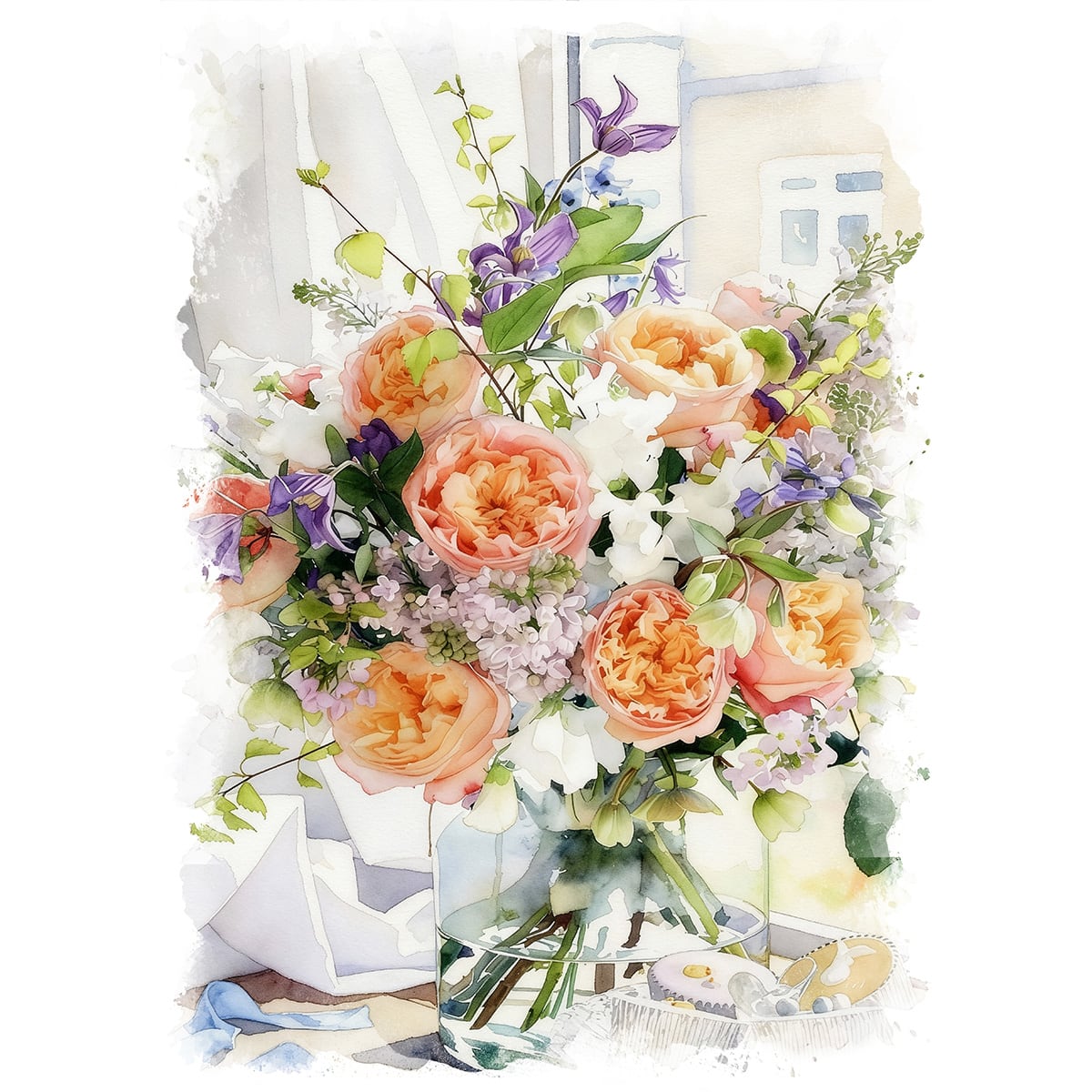 絵画 花(フラワー) 花瓶の花 インテリアアート額付き 水彩画・油絵調
