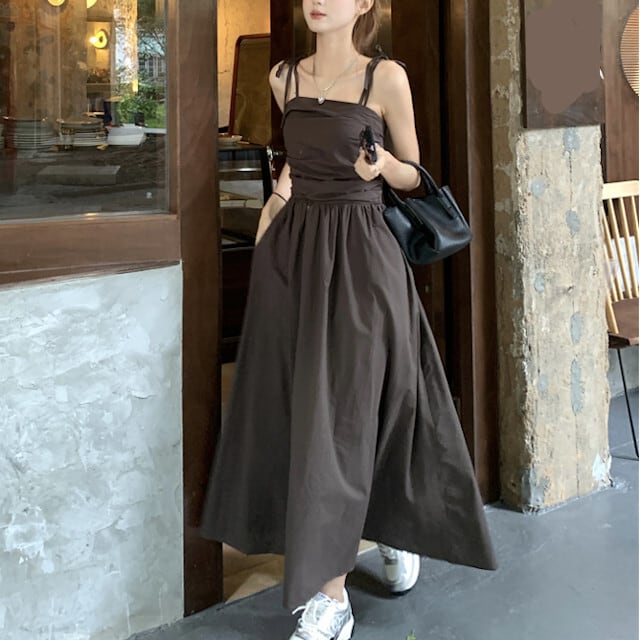 ワンピース キャミワンピ ロングワンピ レディース ロング丈 ロングワンピ ハイウエスト Aライン フレア 春夏 旅行 ビーチ プール 海外 レジャー グレー/アプリコット