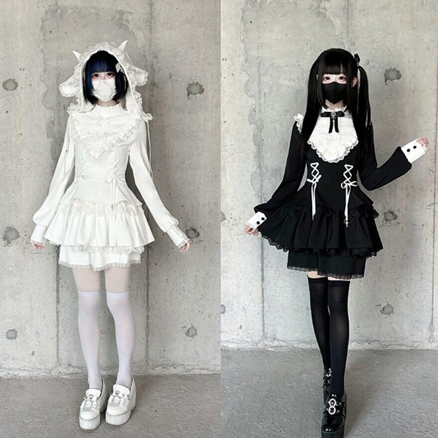 サブカル 服 地雷系 通販 ゴスロリ PUJIオリジナル ワンピース レースアップ天使界隈 双子コーデ ダークファッション