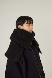 i’m here - Knit Snood(Crepe Wool-like) :Black|サークル状/片畦編み/ダブルジップ/ホーン・トグル/レザーパーツ