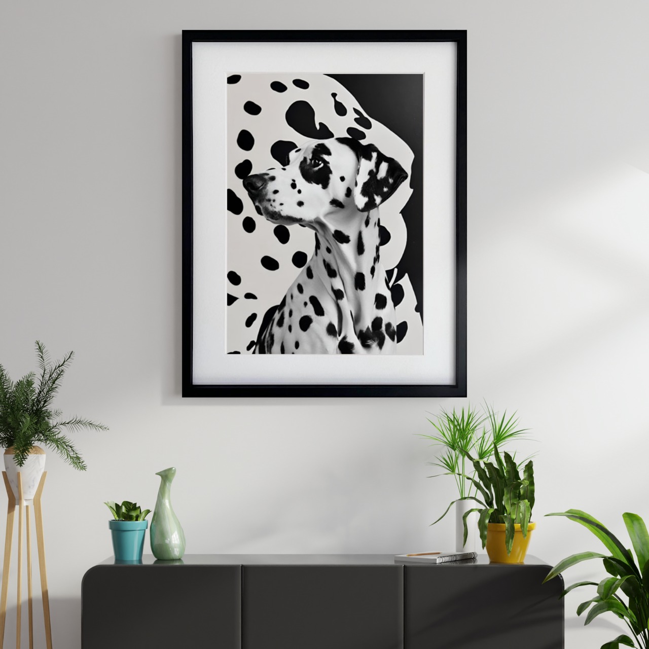 Dalmatian|モノクロが映えるダルメシアンのアートポスター|シンプルで洗練された犬モチーフ| 額縁セット A2ポスター
