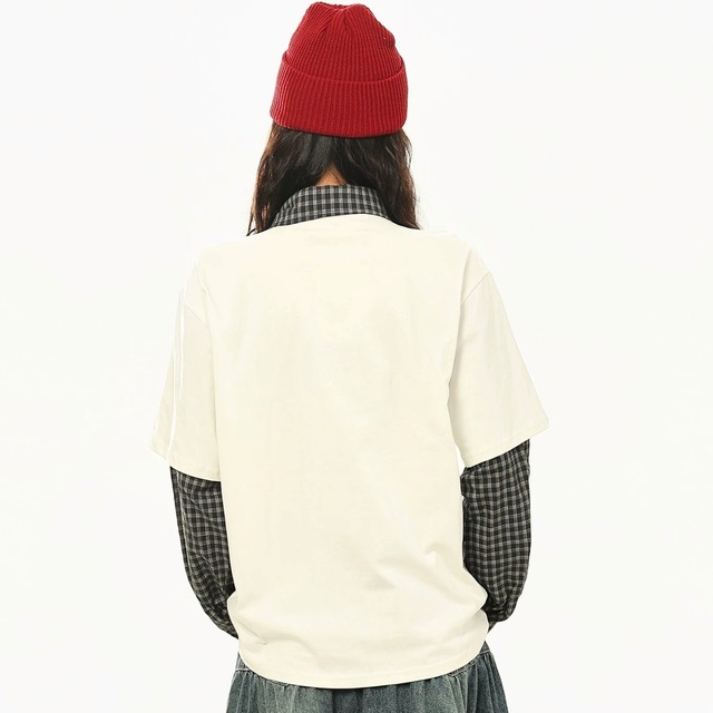カレッジロゴチェックドッキングプレッピートップス 2col R02575