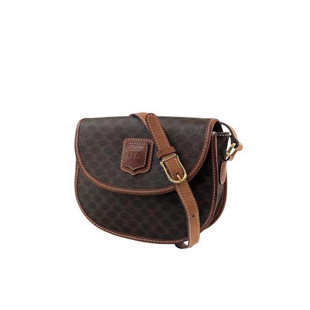CELINE セリーヌ マカダム ショルダーバッグ ブラウン ブラゾン型押し PVC レザー ラウンド vintage ヴィンテージ オールド v54uj5