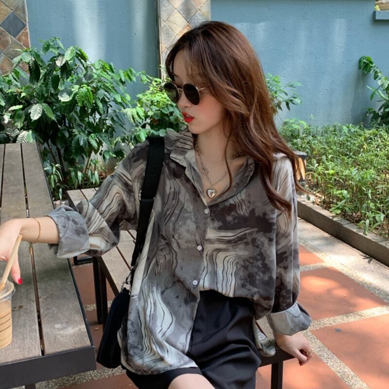 スタンダードプリントシャツ レディーススプリングオータムスタイルルーズ ロング レトロ 春物 秋物 YY-ファッション5239974230