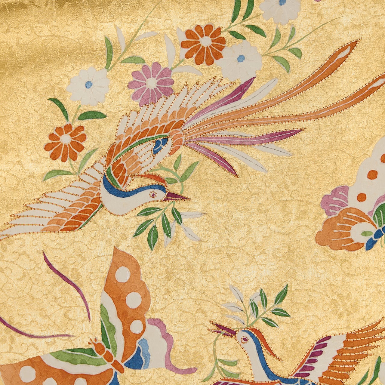 鳳凰と蝶々の模様 手描友禅に摺箔 名古屋帯 【未着用品】 | かわの屋
