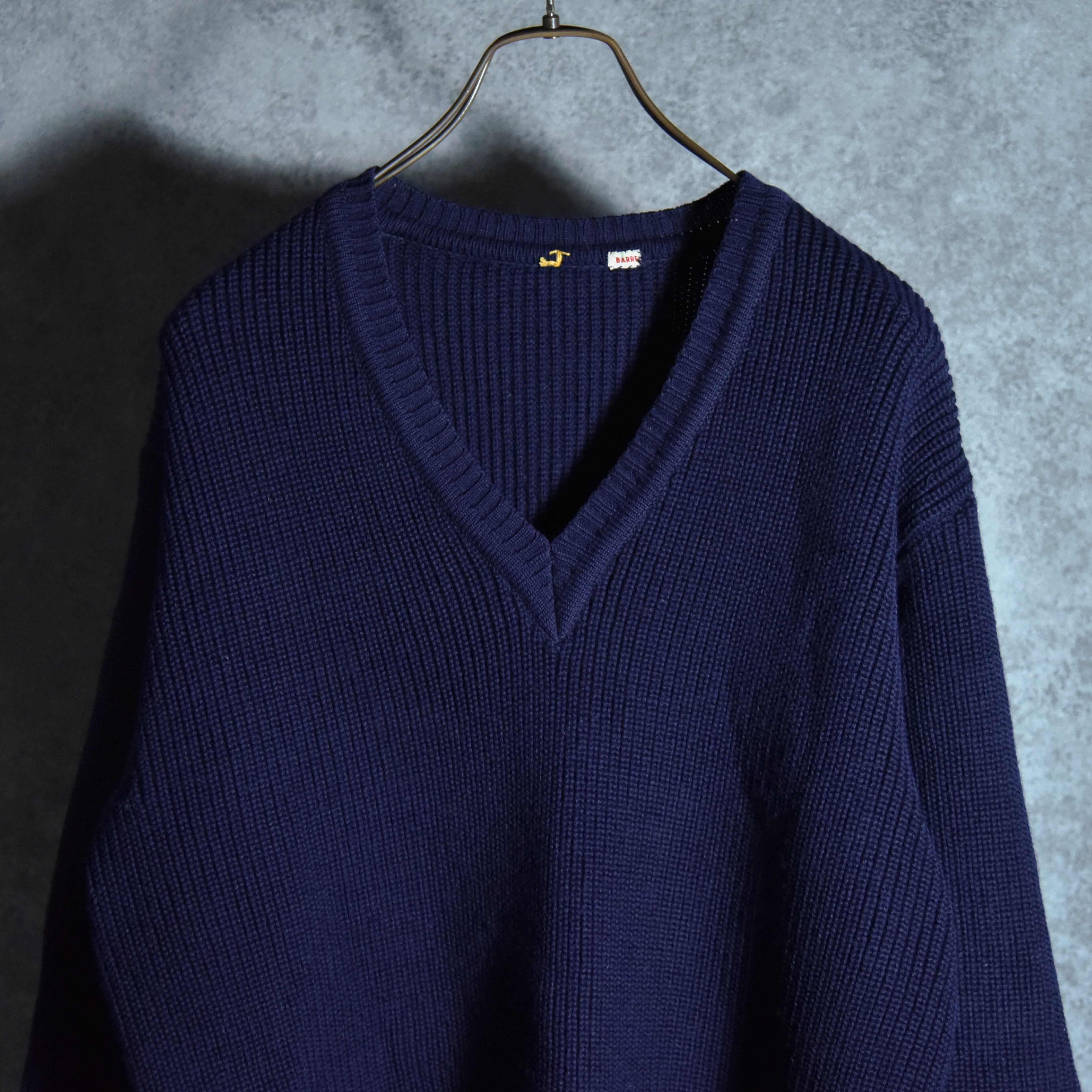 60-70s Barré France Wool V Neck Knit Sweater Navy フランス ウール