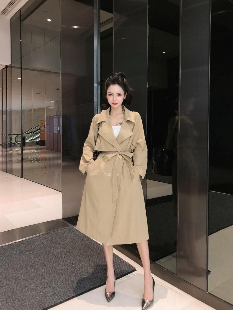 着痩せ効果!韓国ファッション トレンチコート オシャレ シンプル 秋 新 気質 中・長セクション