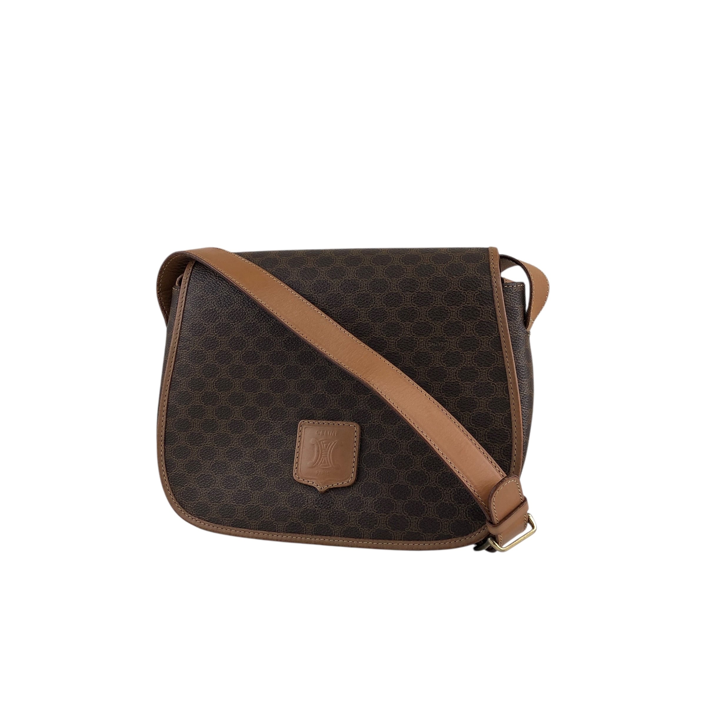 ★CELINE セリーヌ マカダム  ショルダーバッグ ブラウン ブラゾン型押し PVC/レザー ラウンド 832m4p CELINE セリーヌ マカダム ショルダーバッグ ブラウン ブラゾン型押し