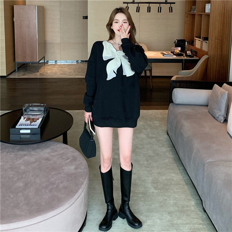 セーター コート オータムウィンターベルベットルーズスタイルブラックトップス ロング 秋物 冬物 ブラックストロベリース13185235052