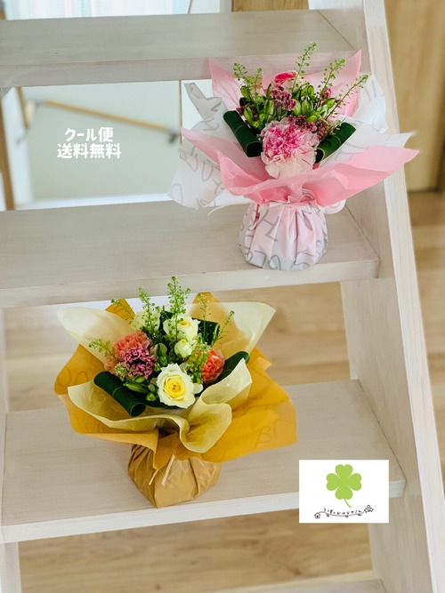 【冷蔵便送料込】花束生花カーネーションあり　おまかせ　器付き花束　母の日　生花　ラッピングしたまま飾れる花束