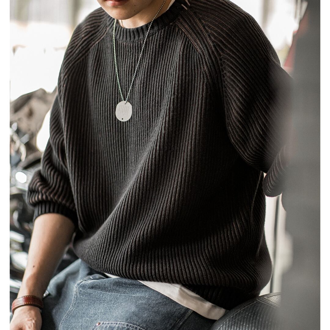 リブ編みクルーネック長袖ラグランスリーブセーター A18123