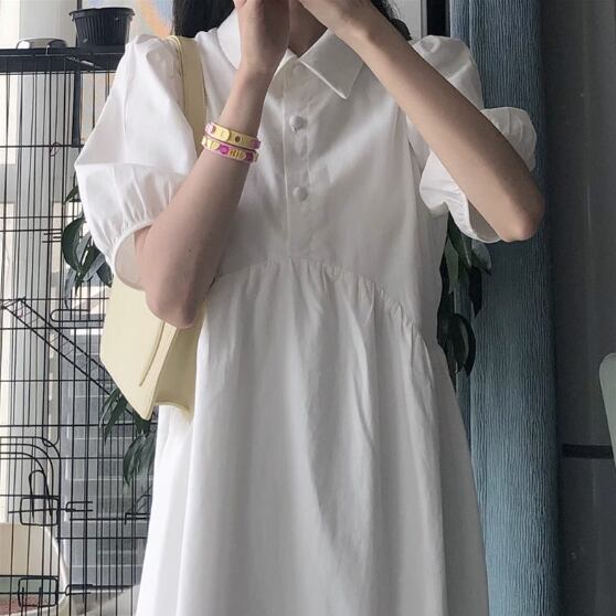 ワンピース レディース ロングワンピース ポロワンピース S M L XL 2XL 3XL 大きいサイズ ホワイト 半袖 5分袖 無地 綿 ミモレ丈 ロング 襟付き パフスリーブ Aライン 清楚 ハイウエスト 脚長効果 体型カバー シンプル フェミニン きれいめ カジュアル キュート ガーリー 上品 大人可愛い おしゃれ 普段使い イベント デート お出かけ 休日 旅行 通勤 通学 こなれ感 ファッション コーデ モテ 着まわし サマードレス 送料無料 春 夏 10代 20代 30代 40代 プラスサイズ