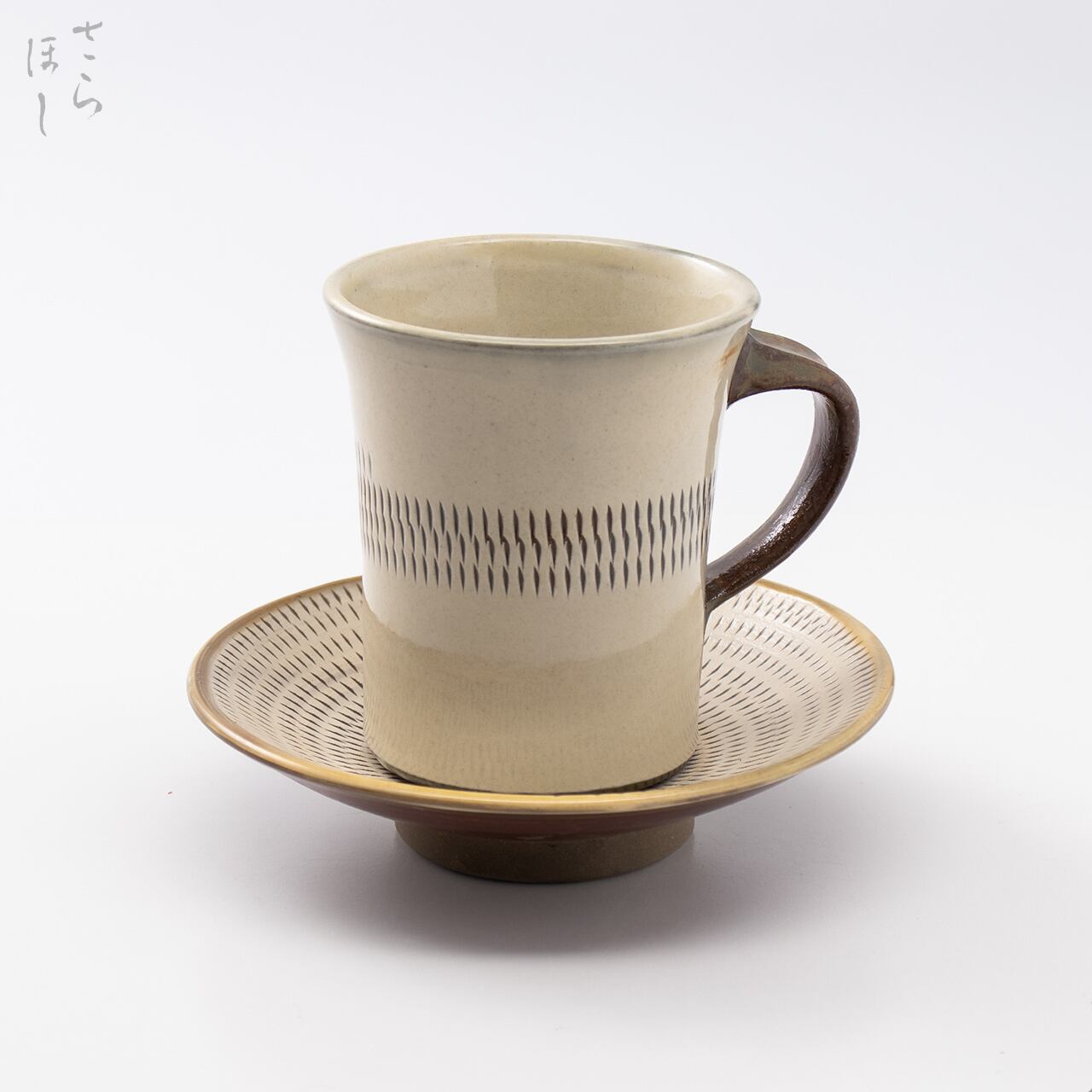 小鹿田焼 小袋窯【手付フリーカップ&ソーサーセット】中央飛びかんな 白 陶器 和食器 民藝
