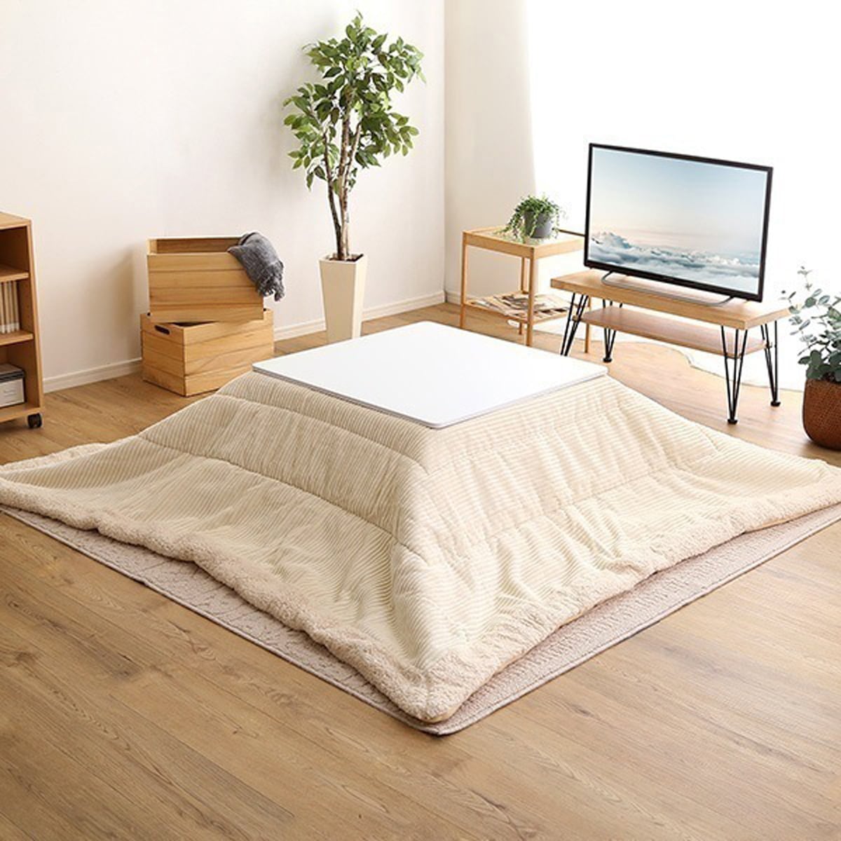 リバーシブル天板のシンプルなホワイトこたつ布団セット(コーデュロイ) 正方形(70cm 70cm幅)