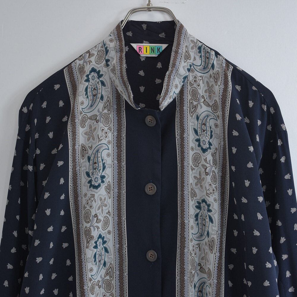 80~90s RINK ペイズリー柄 切替デザイン マオカラー ポリエステルシャツ ジャパンヴィンテージ 長袖 エスニック ビンテージ 古着 レディースXL相当