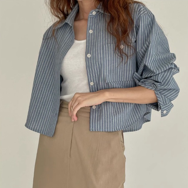 クラシック ショート丈 ストライプシャツ Ln00027