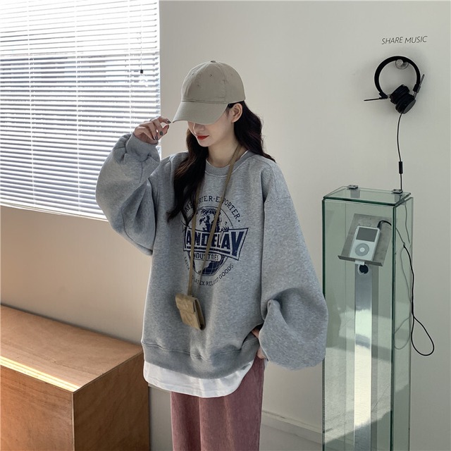 レディース トップス 春 秋 冬 トレーナー ゆったり 長袖 ロゴ レイヤード風 古着 トレーナー スウェット シンプル カジュアル お出かけ デート 通勤 通学 学生 キャンパス 旅行 普段着 部屋着 お家コーデ リンク 双子 お揃い コーデ トレンド 韓国 グレー